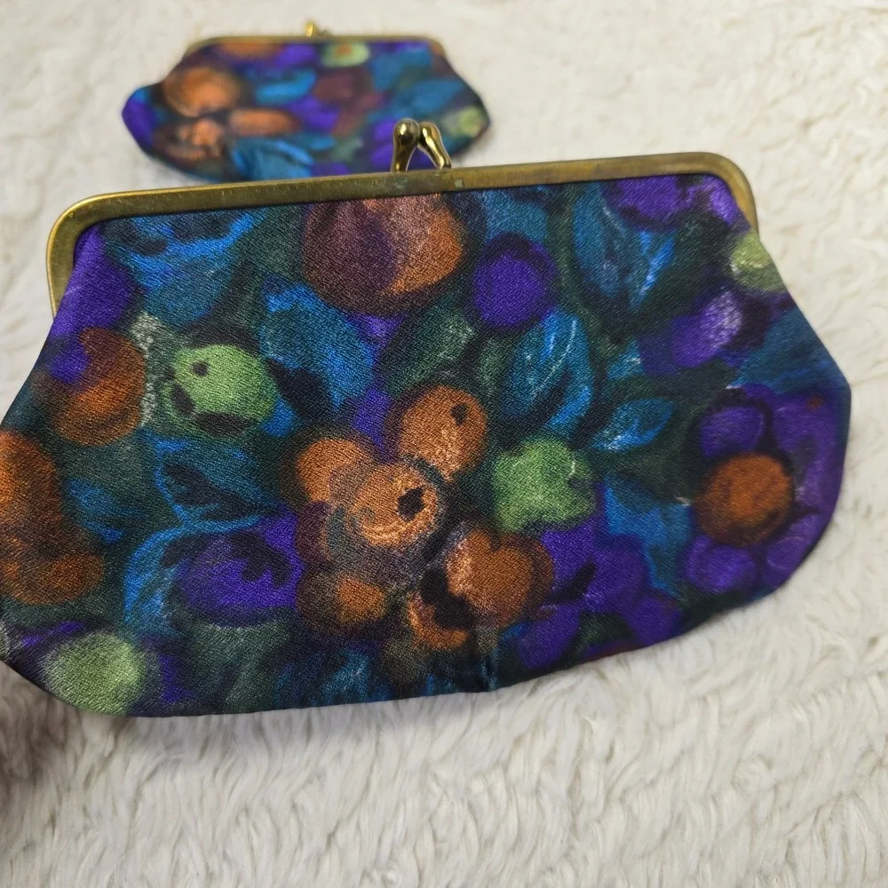 Vintage Celebrity NY Floral Pouch Set Clutch Multicolor‎ Kiss Lock Cosmetic Coin